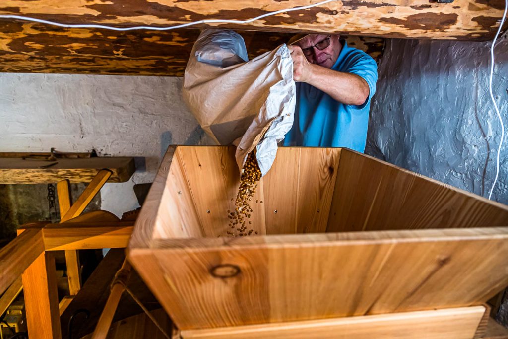 Ilario Galbani füllt den gerösteten Mais in den Trichter der Mühle. Dazwischen blitzen die bei der Röstung gepoppten weißen Maiskörner auf / © Foto: Georg Berg