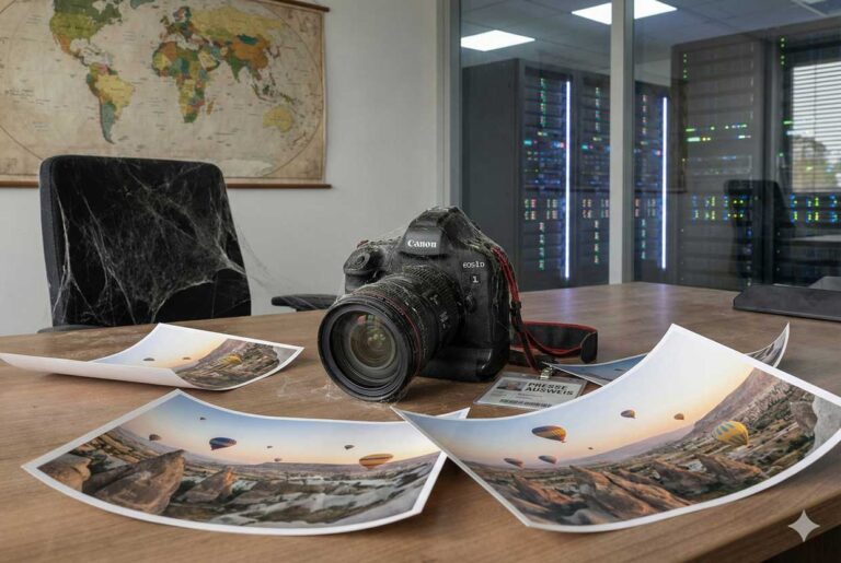 Verwaister Arbeitsplatz eines Fotografen, dessen Job die KI übernommen hat [KI-generiert (gemini)]